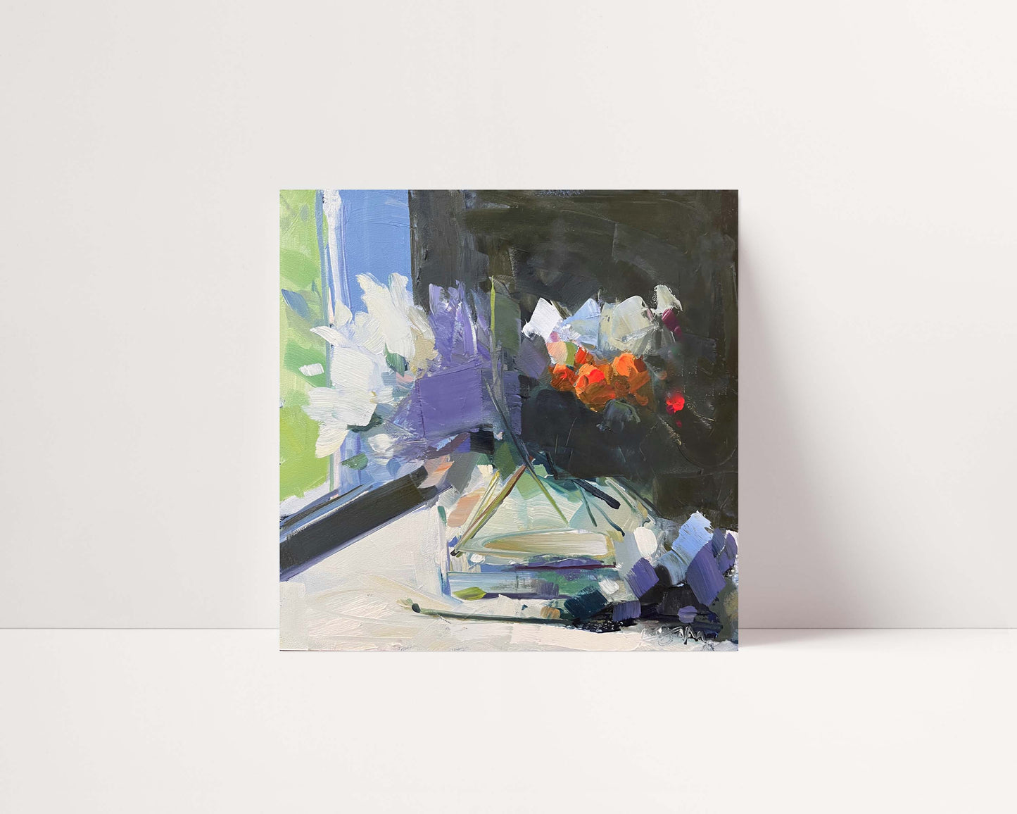 Peonies and Window, 10" x 10" Original Oil Painting, Unframed