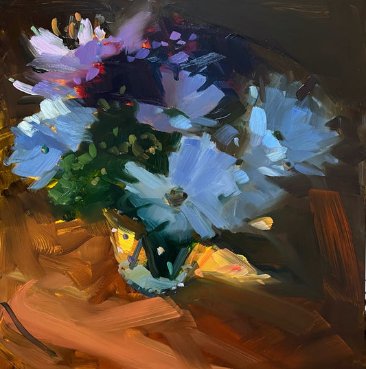 Chrysanthemums and a Spot of Light, 12" x 12" x 1/8" Framed original oil painting