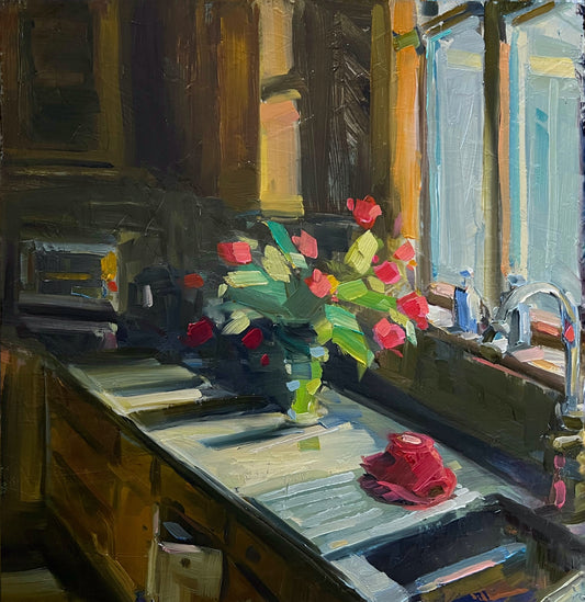 Kitchen Light and Tulips, Original 12" x 12" x 1.5" Oil Painting, Unframed