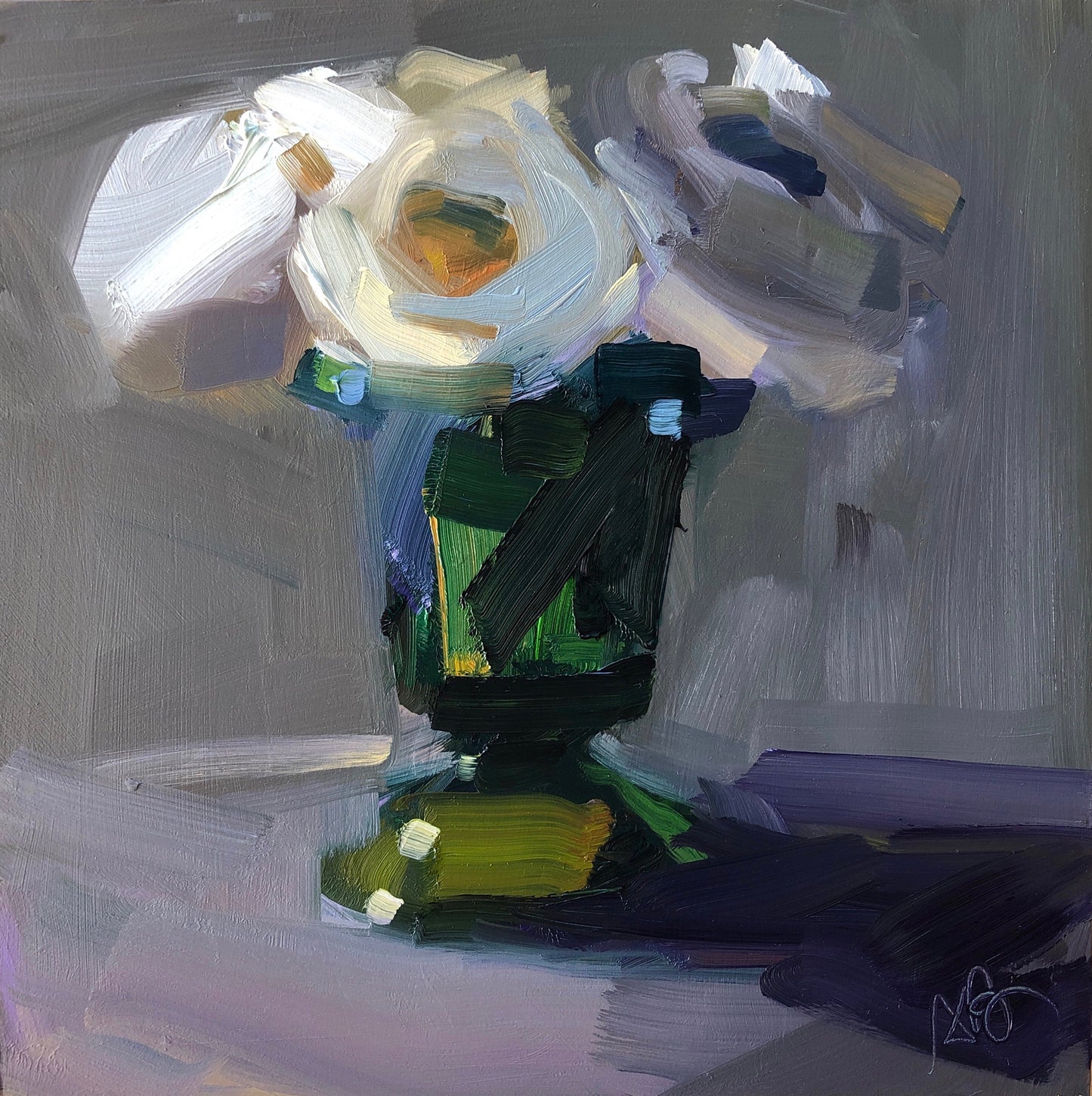 White Roses in a Green Vase