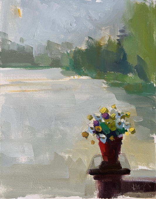 Buttercups and Chrysanthemum and View from the Boat House, 14" x 11" x 1/8", oil painting, unframed