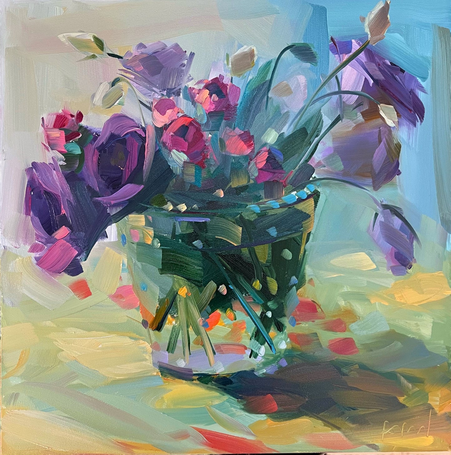 Lisianthus and Carnations, Original Oil Painting, 12 x 12 x 1/8", oil on panel