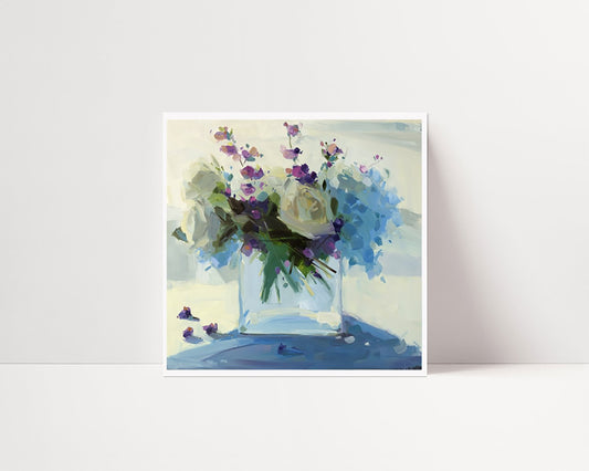 White Roses and Blue Hydrangeas Archival Print, unframed